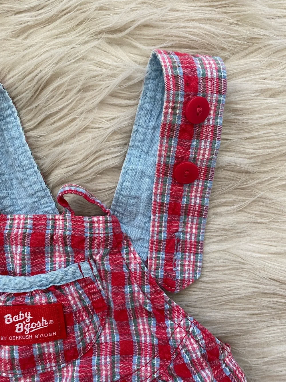 Vintage Oshkosh B’gosh 90s Red Blue Plaid One Piece Overalls Jumpsuit 24 Months
